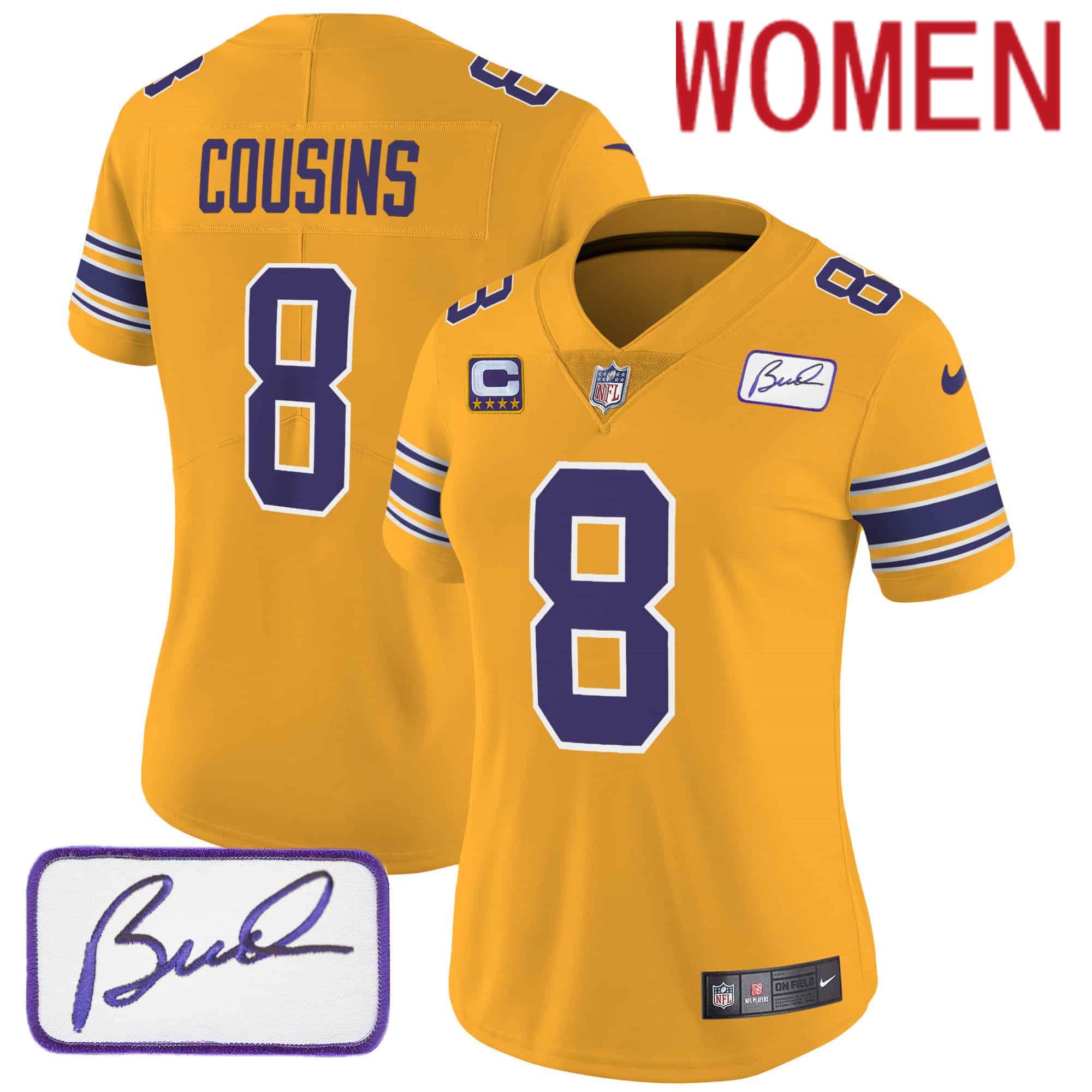 Women Minnesota Vikings #8 Cousins Yellow 2024 Nike Bud Grant Patch Classic Limited NFL Jersey